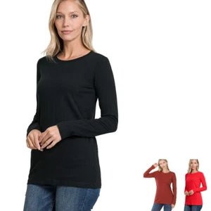 Women’s Zenana Cotton Crew Neck Relaxed Fit Long Sleeve Tee - Picture 1 of 3