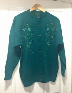 Vintage Teal Green Embroidered and Beaded Cardigan 42 bust RARE FIND - Picture 1 of 6
