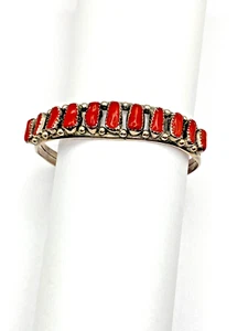 Vintage Sterling Silver Coral Row Cuff Bracelet Petite Navajo Native American - Picture 1 of 19
