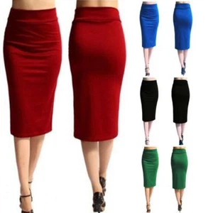 Ladies Office Midi Pencil Skirt Stretch Bodycon Tube Womens Plain Plus Size 9L - Picture 1 of 13