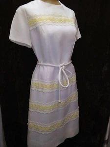 Vintage 1960's White Linen Yellow Applique Mod Dress by Henry Lee Medium - Picture 1 of 7