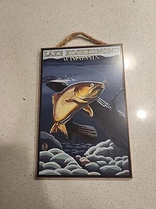 Lake Koshkonong Wisconsin Wandkunst Holz Hütte Dekor Schild 10,5"x7" Angeln - Bild 1 von 7
