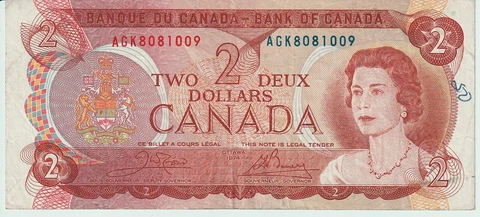 1974 Canada 2 Dollars Banknote - P# 86b - Crow / Bouey - Fine - # 29725 Cover
