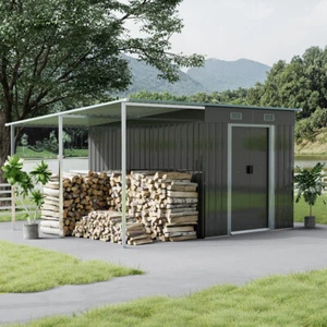 Garden Shed 9 X 5.5ft Garden Storage House w/ Large Open Firewood/Bike Shed Grey - Picture 1 of 10