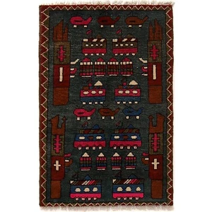 Gray Hand Knotted Weapons Tanks Pictorial War Rug Afghan Rug 1'9 x 2'7 ft G24403 - Picture 1 of 2