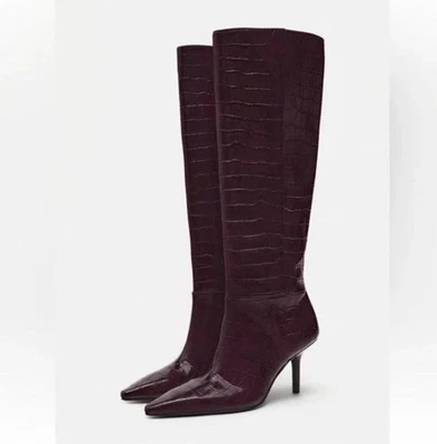 Botas Zara Mock CRoc salto alto joelho couro borgonha tamanho 42/EUA 11 - Imagem 1 de 4