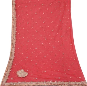 Sushila Vintage Red Dupatta Net Hand Beaded Zardozi Work Indian Long Stole Veil - Picture 1 of 9