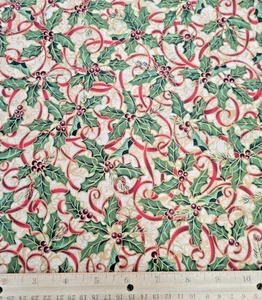 Christmas Holly Berries & Red Ribbon Cotton Fabric By The Yard Elizabeth Brownd - Picture 1 of 2