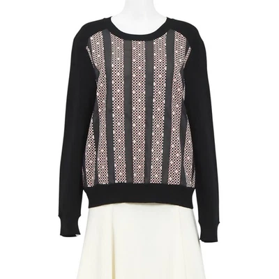 Suéter Tory Burch Negro Lana Merino Geométrica Rayas Panel Seda Cuello Redondo Talla XS Foto 1 de 4