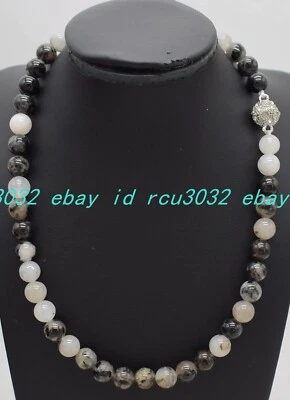 Collar de piedras preciosas con cuentas redondas rutiladas de cuarzo blanco negro de 10 mm 18-28 pulgadas Foto 1 de 4
