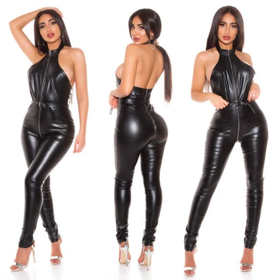 Koucla Lederlook Kunstleder Optik Neck Overall Damen Jumpsuit Schwarz S - Bild 1 von 4