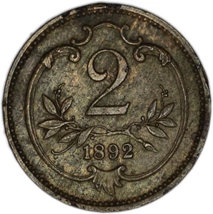 AUSTRIA coin 2 Heller 1892 EXTREMELY RARE date About Uncirculated - Picture 1 of 7
