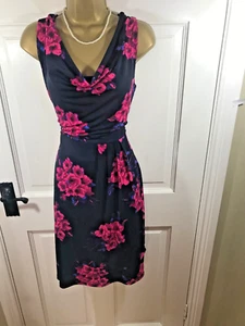 Monsoon Navy Blue & Pink Floral Cowl Neck Lined Dress, UK 14, Perfect Condition - Picture 1 of 5