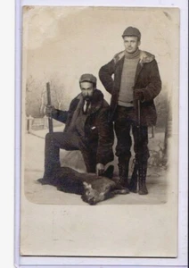 Studio Real Photo Postcard RPPC - Hunting Two Hunters with Rifles and Deer - Picture 1 of 2