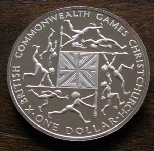 1974 NEW ZEALAND - DOLLAR - 10th COMMONWEALTH GAMES - 1 Oz PROOF SILVER CROWN - Picture 1 of 6