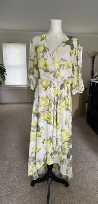 CALVIN KLEIN Women’s Lemon Print Deep V Neck Maxi Hi Low  Dress 3/4 Sleeve Sz 14 - Image 1 of 4