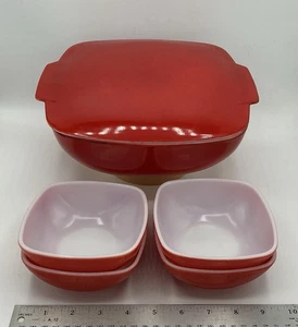 Vtg Pyrex Red Square Hostess 6 Pcs Set Casserole Dish Lid 525B-025 & 4x#410-12oz - Picture 1 of 22