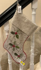 Neu mit Etikett 16"" WEIHNACHTSSTRUMPF Leinenstrumpf mit bestickter roter Stechpalme brandneu! - Bild 1 von 3