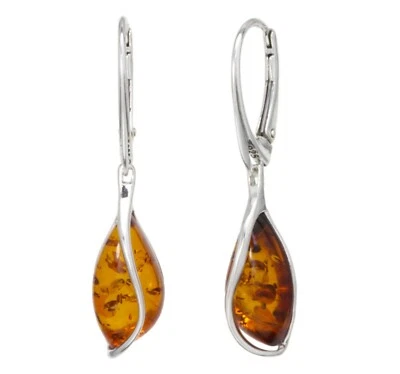 NATURAL BALTIC AMBER STERLING SILVER 925 Earrings Droop Dangle Certified & BOX - Image 1 of 4
