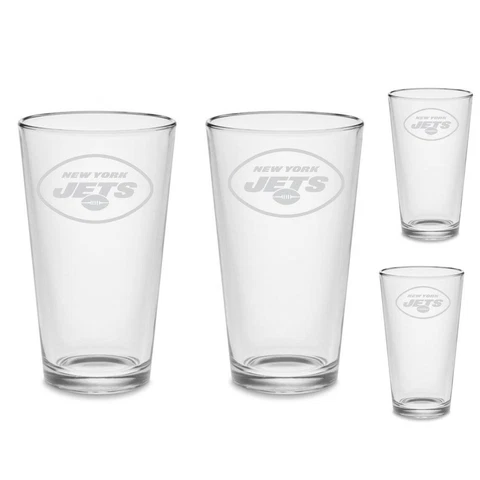 SET New York Jets Custom Pint Beer Glasses Etched Tumblers Drinkware Cover