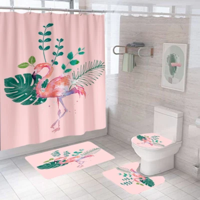Bottom Pink Flamingo Shower Curtain Bathroom Rug Floor Mat Toilet Seat Cover - Image 1 of 4