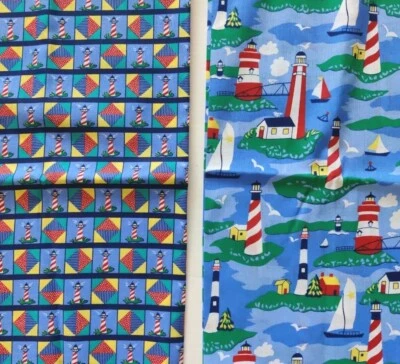2Y Vintage Lighthouse Beach Fabric Lot Quilting Crafts Nautical Blue Coastal - Image 1 of 4