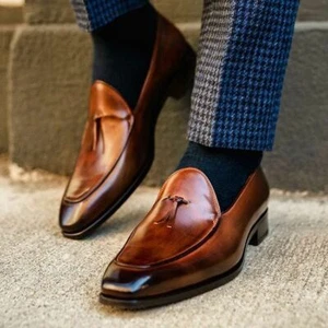 Handmade Men Brown Shaded Slip on Shoes, Men Brown Formal Dress Shoes - Picture 1 of 3
