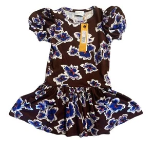 Tanya Taylor Kids Brown Floral Print Puff Sleeve Dress with Blue Flowers Size M - Picture 1 of 10