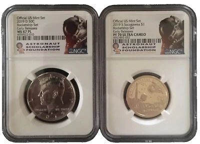 2019 Rocketship  Kennedy Half Dollar ms 67 pl Sacagawea pf 70 pl Early release. - Image 1 of 4