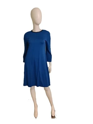 Vestido recto azul ANNE KLEIN con cuello ribete de cuero sintético y mangas acampanadas-8 Foto 1 de 4