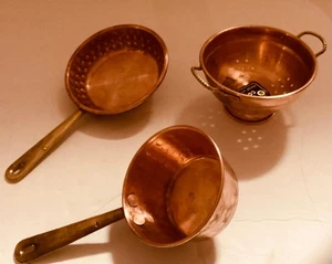 Vintage Italian Pure Cooper Miniature Cookware Set 3 Piece Colander, Pot,Fry Pan - Picture 1 of 6