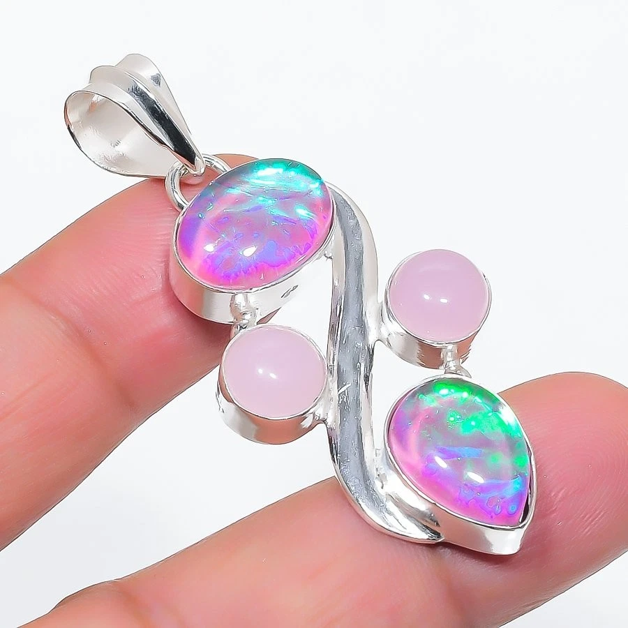 Triplet Opal & Rose Quartz Gemstone 925 Sterling Silver Jewelry Pendant Size 2" - Image 1 of 1