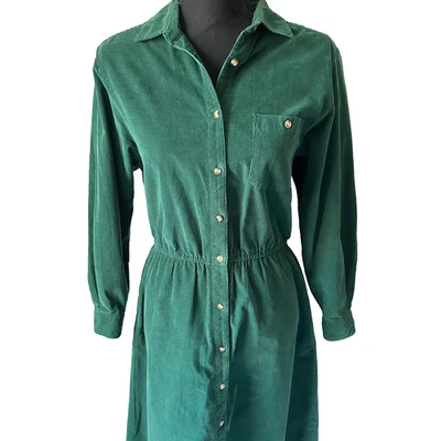 VTG Eddie Bauer Green Corduroy Shirt Dress Pockets Women M Modest Cottagecore - Image 1 of 4