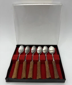 Vintage Demitasse Kaffee Espressolöffel, Holzgriffe & Edelstahl, 6er Set, Japan - Bild 1 von 7