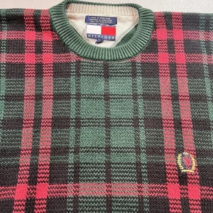 Vtg Y2K Tommy Hilfiger Mens Large Crest Plaid AOP Knit Grandpa Sweater preppy - Picture 1 of 10