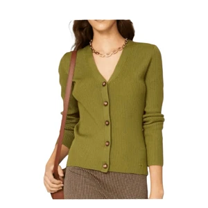 Tory Burch Simone Mossy Green Ribbed Knit Wool Cardigan Sweater S - Picture 1 of 15