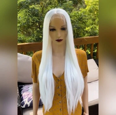 ¡PELUCA DIARIA! Mezcla de cabello humano largo recto blanco, frente de encaje Foto 1 de 4
