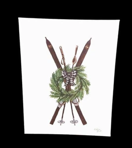Vintage Skis with Greenery Wreath Wrapped Canvas Wall Art Skiing 14"x11" - Picture 1 of 2