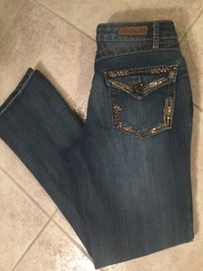MUDD Sz 16 GIRLS 28x30 BOOTLEG Destroyed JEWELED Flap Pockets 2% Stretch JEANS - Picture 1 of 11