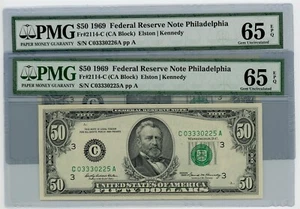 Fr. 2114-C $50 1969 Federal Reserve Note 2 Consecutive 65 EPQ PMG DC-2593 - Picture 1 of 2