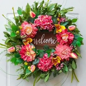 Spring Wreaths for Front Door 24 Inch Outdoor Spring Wreath with Welcome Sign, - Picture 1 of 7