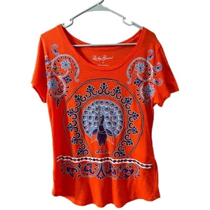 Lucky Brand Women’s Size Small Peacock Medallion Orange Tee - Picture 1 of 3