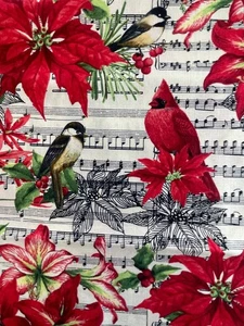 VTG AHC Fabric “Christmas Birds” Music Note Staff Stave Cardinal Yellow Bird 1Y - Picture 1 of 22