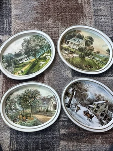 Bandejas ovaladas de metal Currier & Ives de colección “The American Homestead” todas las estaciones-juego completo - Imagen 1 de 17