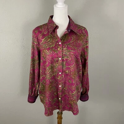 Chaps No Iron Button Front Shirt Size L Purple Paisley Flip Cuff Long Sleeve Top - Image 1 of 4