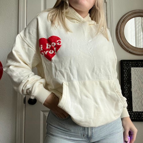 OFF WHITE Felpa con cappuccio grafica pull over avorio e rossa nuova senza etichette Elevata Faith God Is Love taglia S