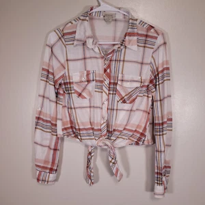 Passport Women's M Cropped Tie Front Roll Tab Sleeve Multicolor Plaid Top - Picture 1 of 6