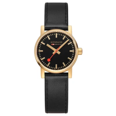 Reloj Mondaine EVO2 30mm Chapado en Oro Caja SS Cuero Negro Cristal Zafiro Foto 1 de 4