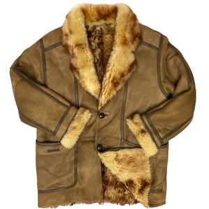 Vtg CURLY Sheepskin Shearling Shaggy FUR Leather Jacket MOUNTAIN RANCHER Coat 44 - Picture 1 of 12