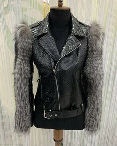 Women's Genuine Python Leather Removable Real Fox Fur Sleeves Black Biker Jacket - Picture 1 of 6